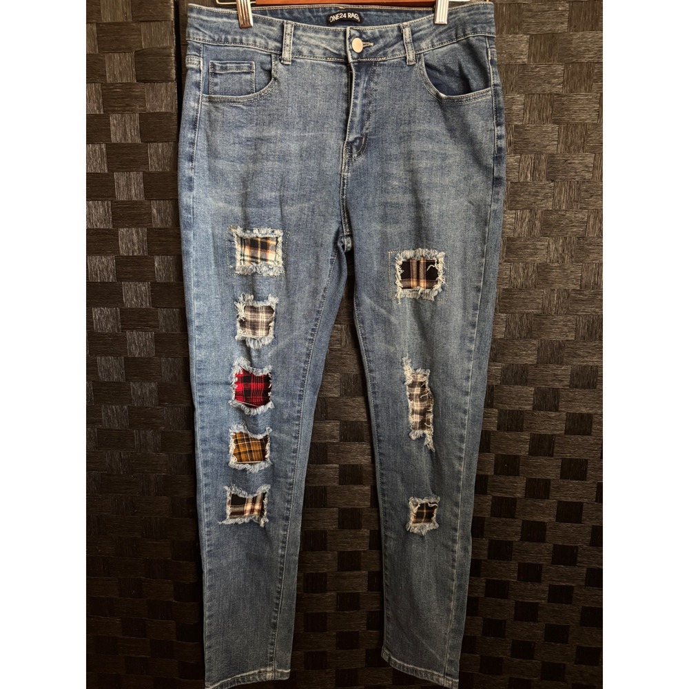 One24 Rags Skinny Jeans Womens 27 Blue Excellent Plaid Patch Distressed Denim